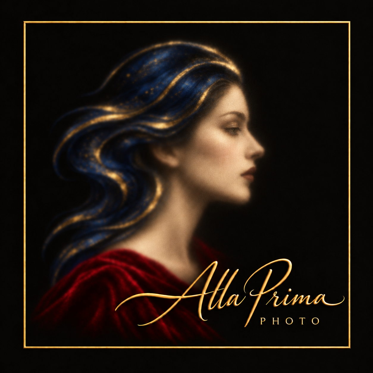 Alla Prima Photo — a softly focused portrait with lapis blue hair and an embossed gold signature within the image
