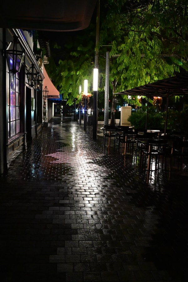 A quiet passage with tables beneath the trees